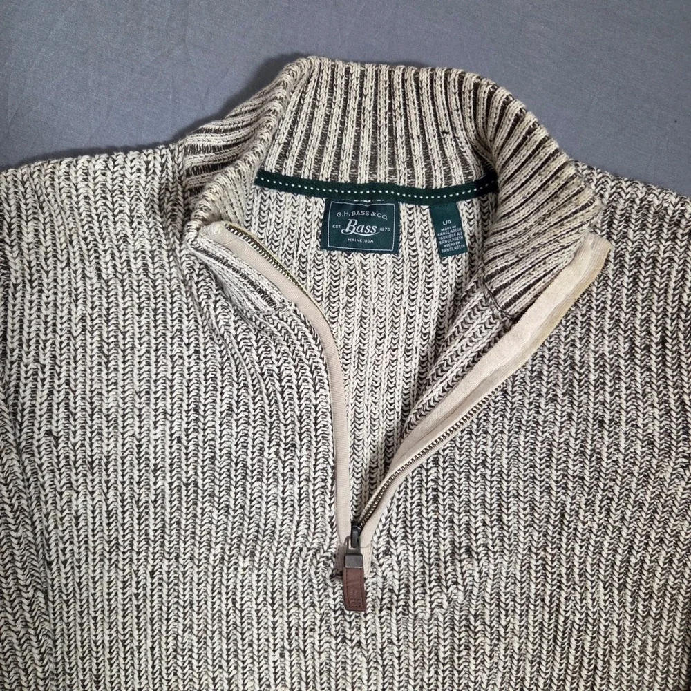G.H. Bass & Co. Men's Large Ribbed Knit Quarter Zip Sweater Marl Cream Gray